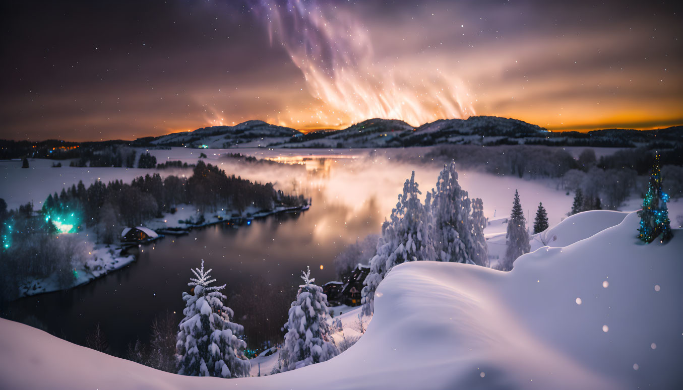 Snowy Hills, Lake, Trees, Northern Lights in Winter Night Scene