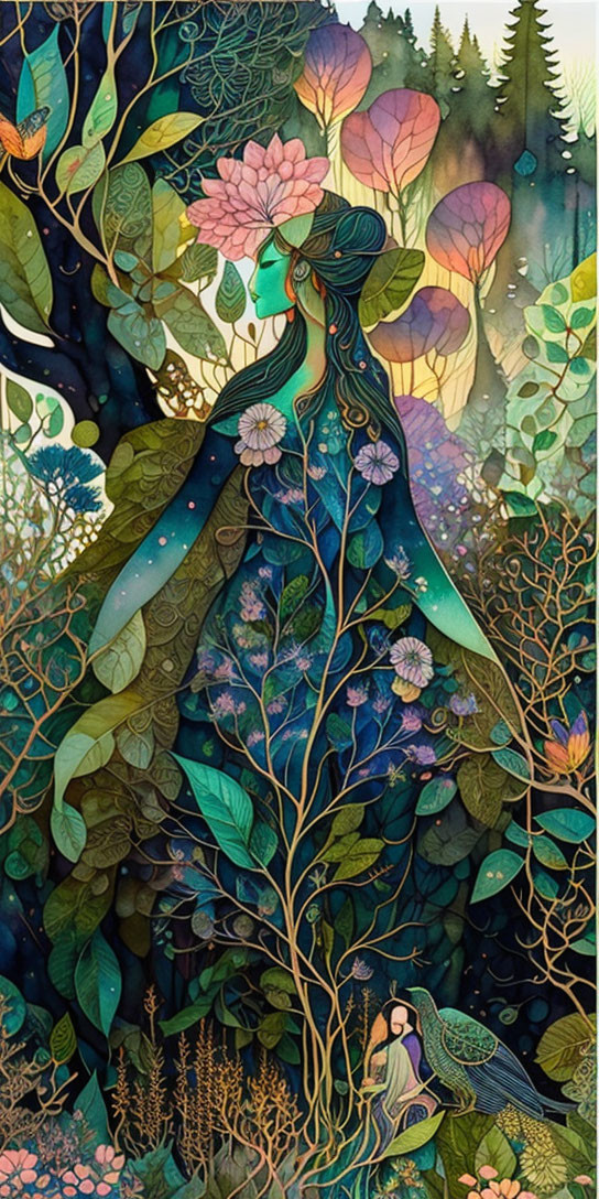 Detailed Art Nouveau Woman Illustration with Nature Elements