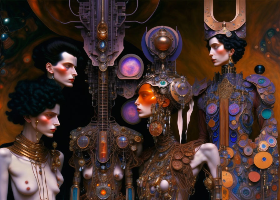 Three Steampunk Figures with Elaborate Mechanical Elements