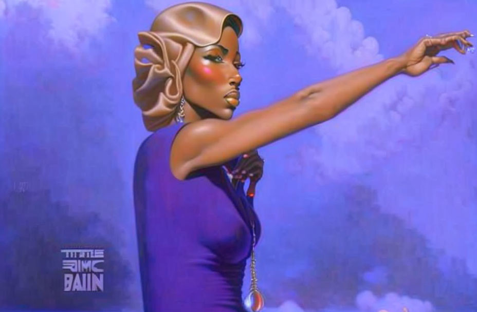 Stylized portrait of woman with elongated arm in purple dress and golden headpiece on blue cloudy