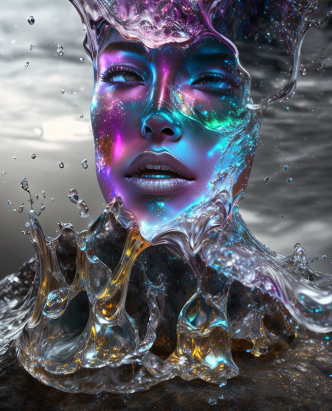 Surreal image of woman's iridescent face in water splash against stormy sky