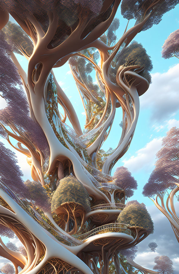 Fantastical tree structure with bridges in dreamy forest