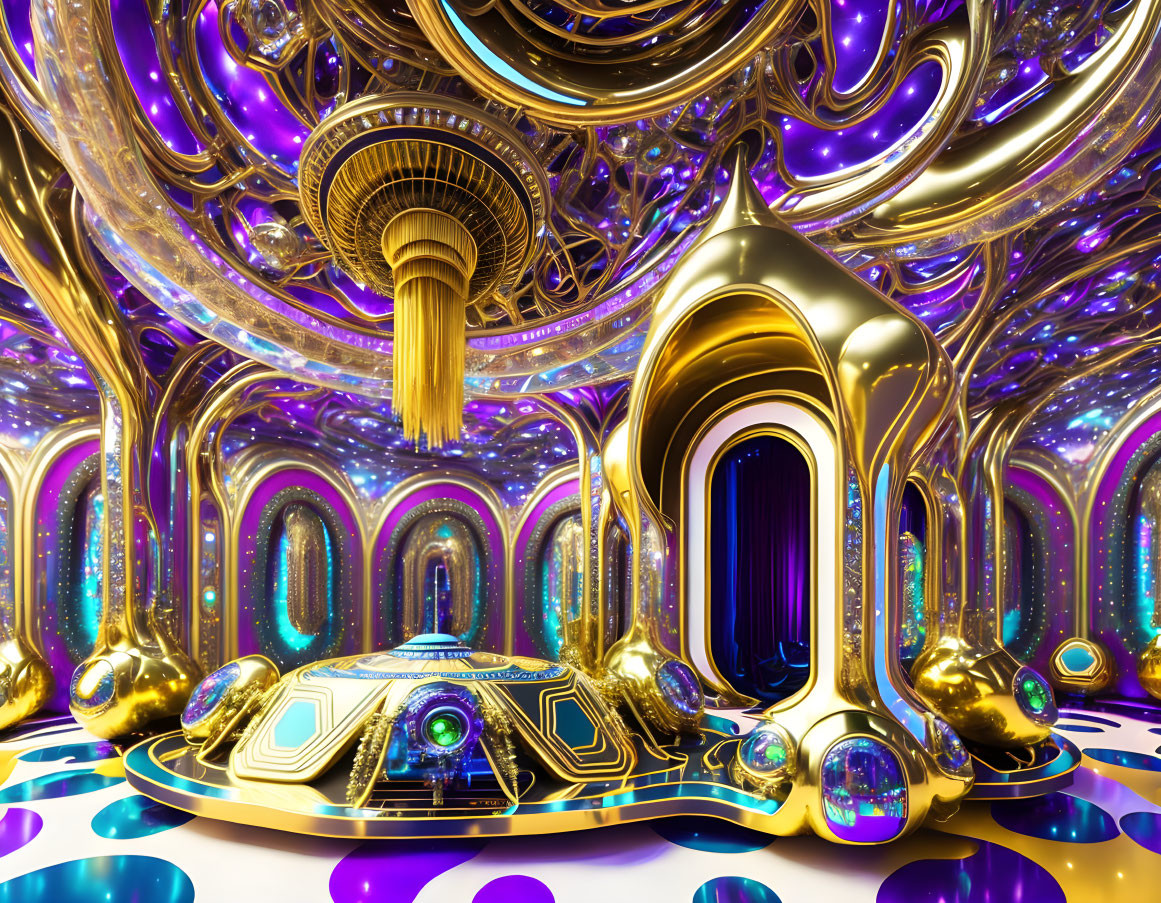 Futuristic interior design with gold and purple elements