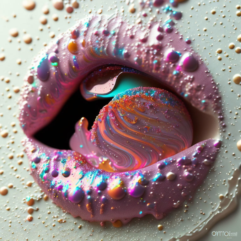 Iridescent Swirl-Patterned Lips with Droplets in Artistic Style