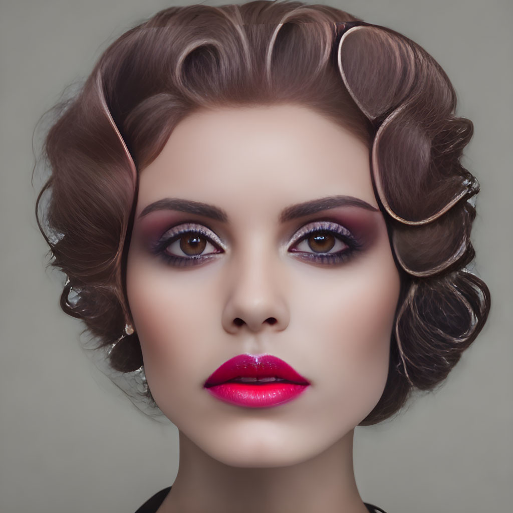 Vintage hairstyle woman with purple eyeshadow and pink lipstick.