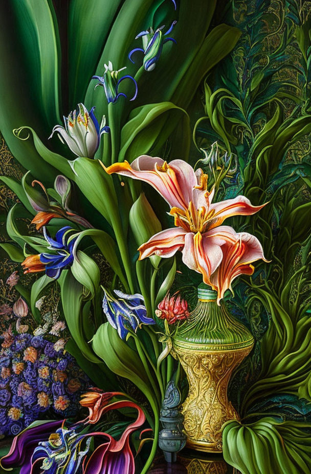 Colorful painting of pink lily, bluebells, and green foliage with golden vase.