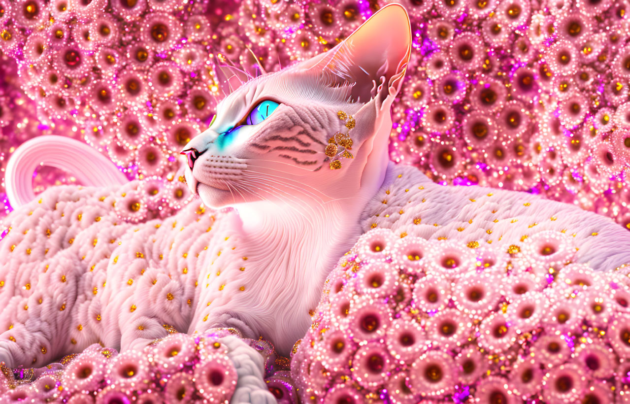 White cat in gold adornments in pink fractal environment