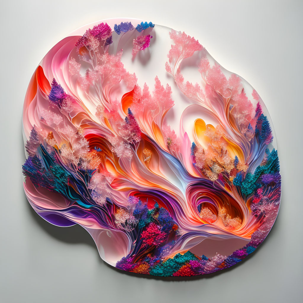 Colorful 3D artwork with swirling patterns in pink, orange, purple, and blue