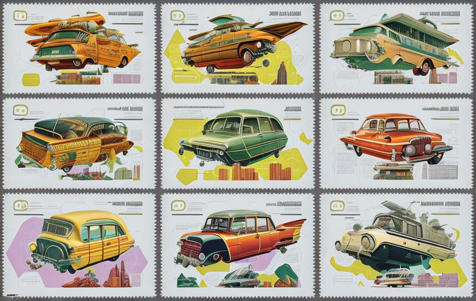 Nine Vintage Car-Themed Postage Stamps with Classic Station Wagons