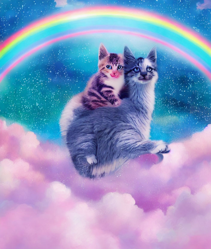 Two Kittens Cuddling on Cloud with Rainbow in Dreamy Sky