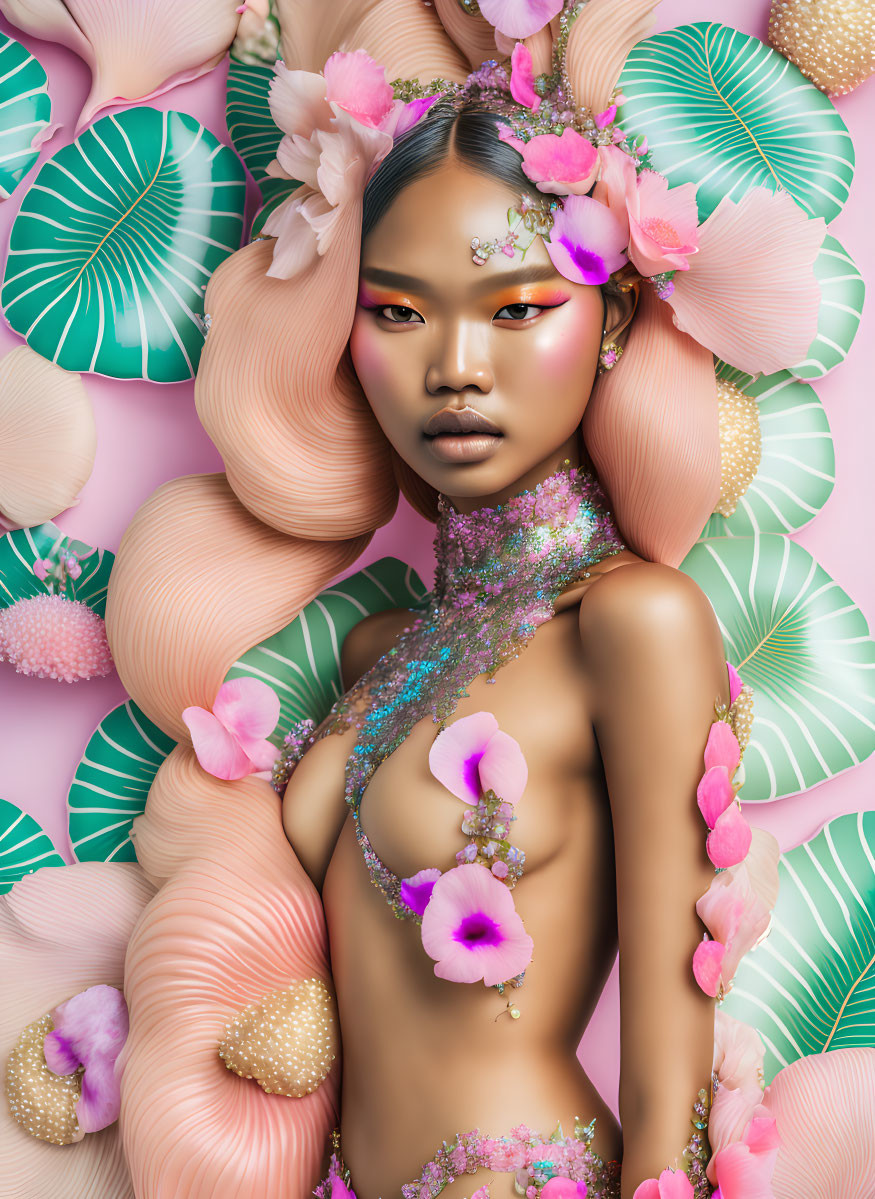 Fantasy sea-themed digital artwork with woman, glitter, shells, flowers, and leaves