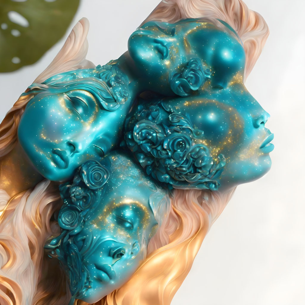 Cosmic-themed sculpted faces with starry textures and leaves.