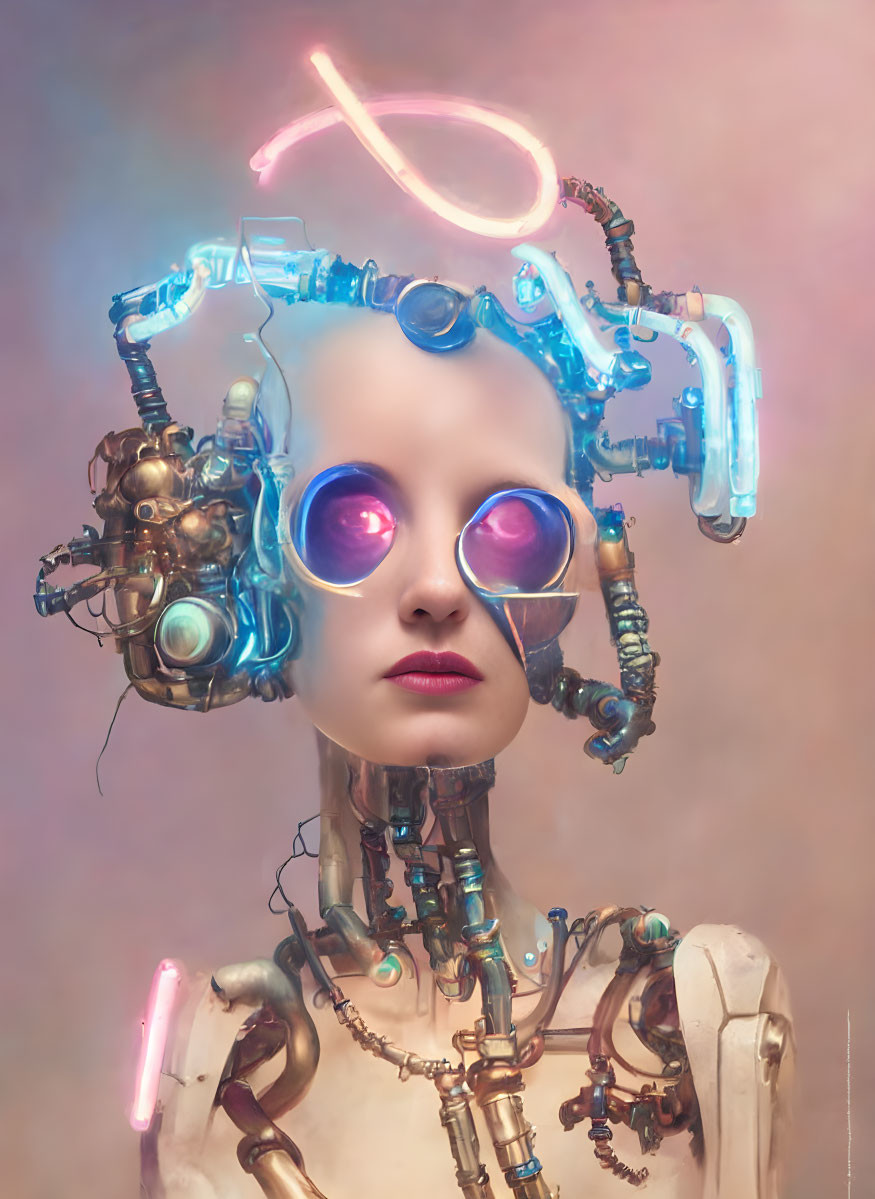 Futuristic robotic portrait with neon lights and glowing pink eyes