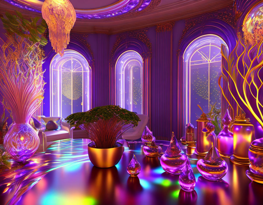 Purple-themed room with ornate decor, glowing trees, reflective floor, mystical lighting