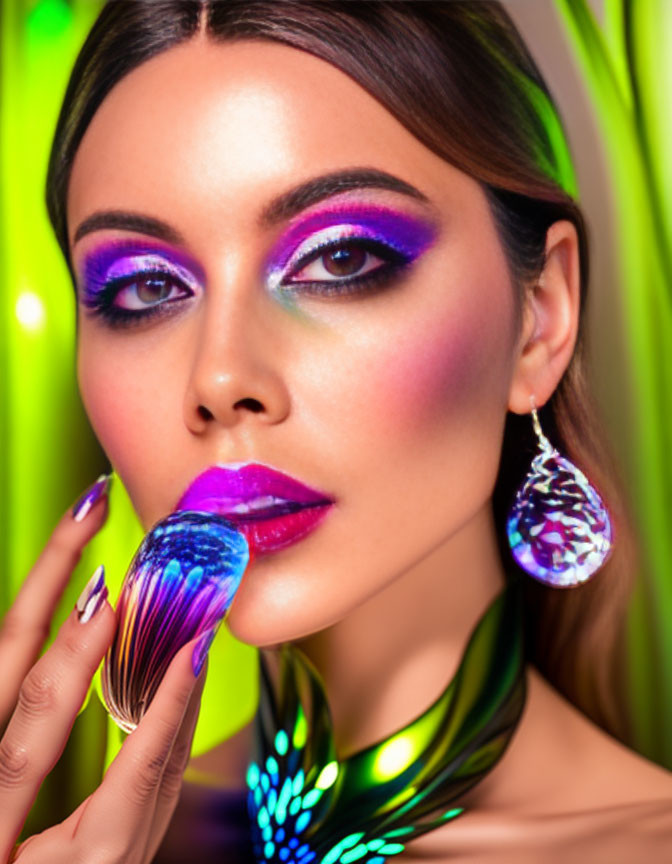 Woman with vibrant makeup and reflective earrings against neon backdrop