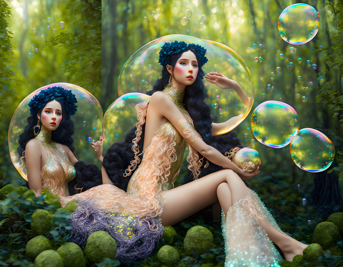 Fantasy portrait of woman with blue hair in golden attire, surrounded by bubbles in enchanted forest.