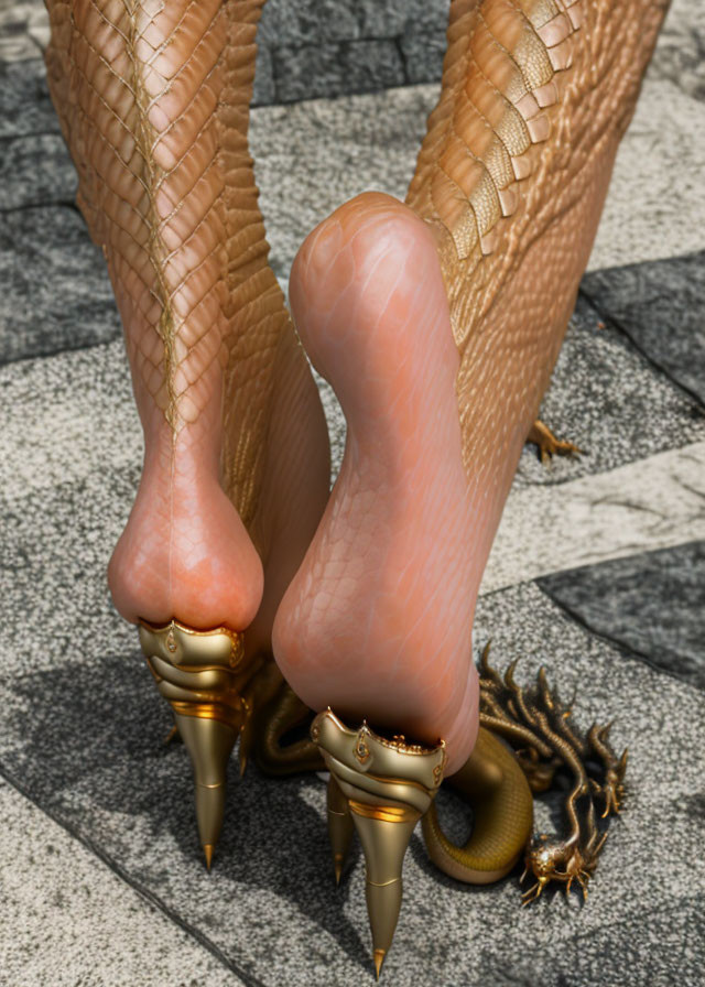 Close-up of fantastic creature's feet in golden high heels on stone floor