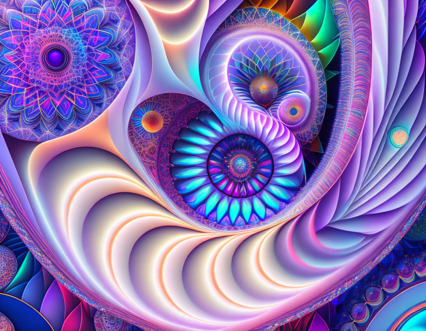 Vibrant fractal art: intricate blue, purple, and pink designs