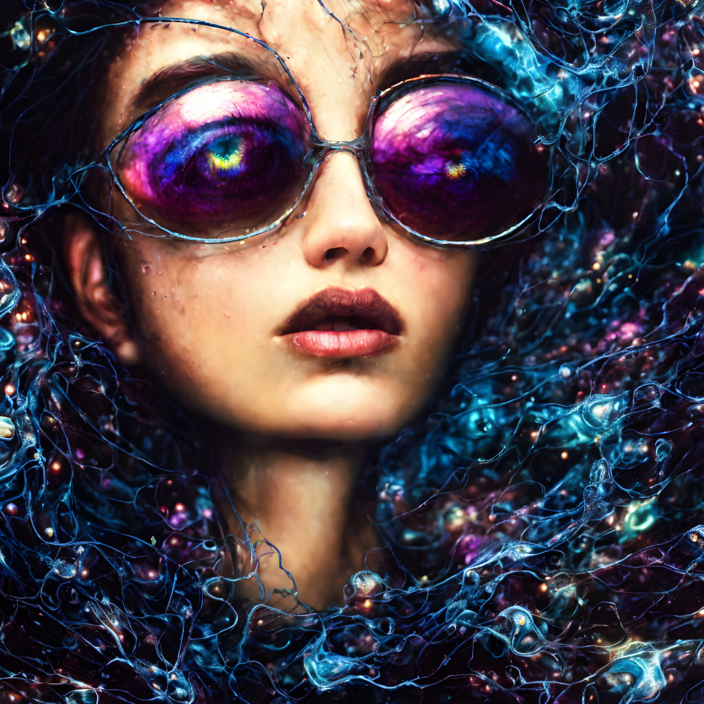 Woman in Reflective Sunglasses Surrounded by Vibrant Colors