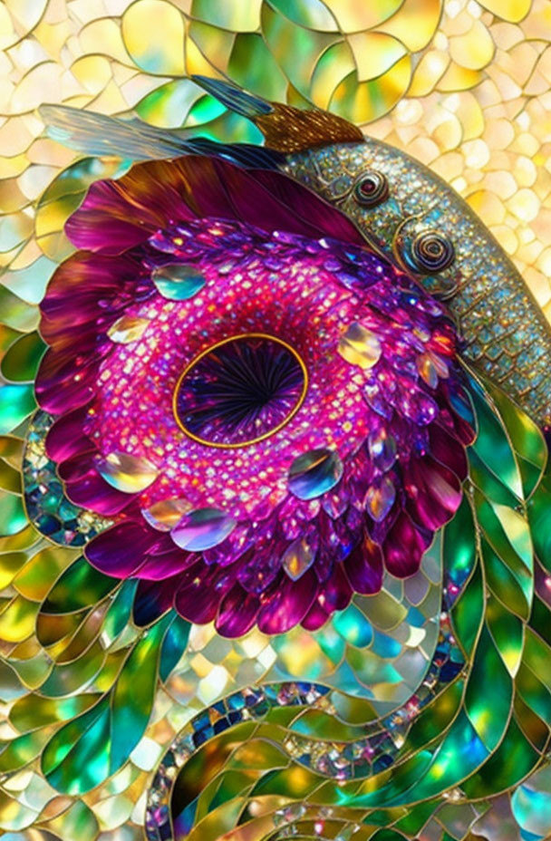 Colorful abstract digital art with peacock-inspired design and iridescent scales