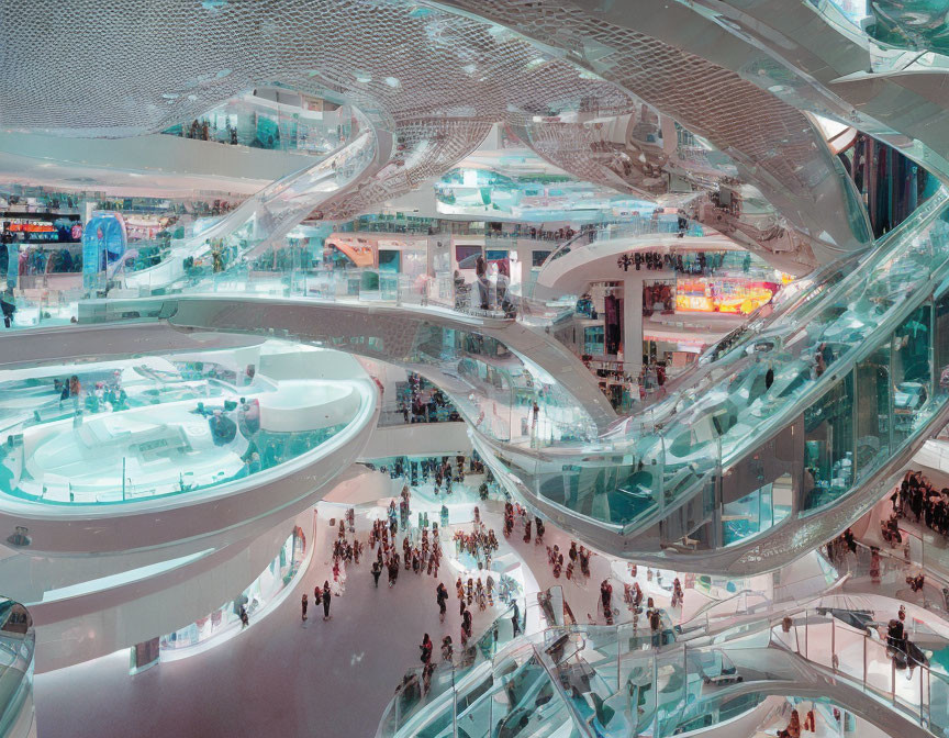 Modern multi-level shopping mall interior with intricate escalators, bustling crowds, and illuminated stores