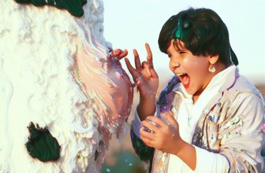 Child playing with fluffy structure covered in creamy substance