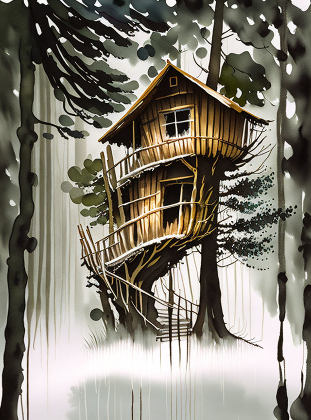 Secluded treehouse with balcony in misty forest setting