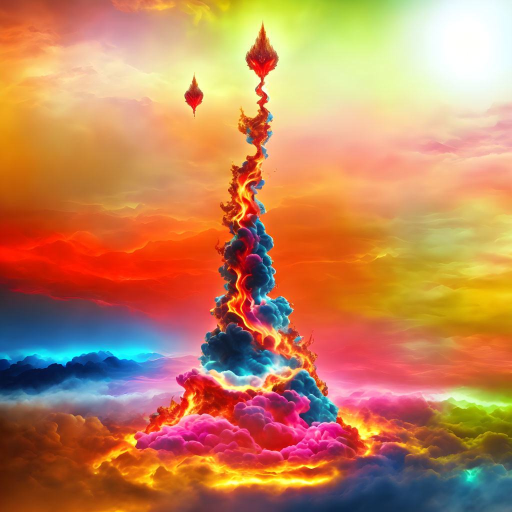 Colorful surreal artwork: Towering inferno with swirling clouds