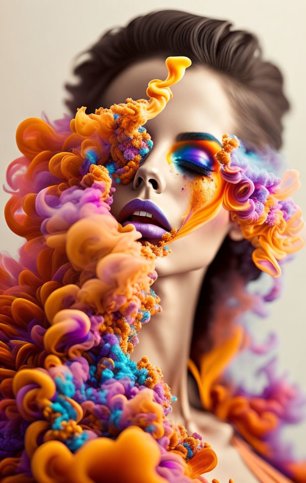 Colorful Artistic Portrait of Woman with Vibrant Makeup and Swirling Smoke Textures