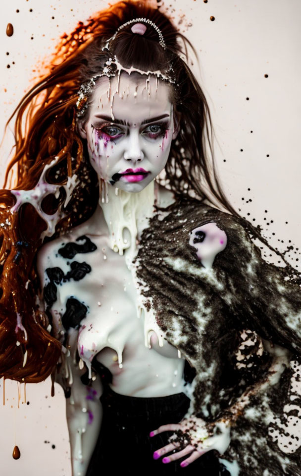 Woman with dramatic makeup and paint splatter headpiece in black and white.