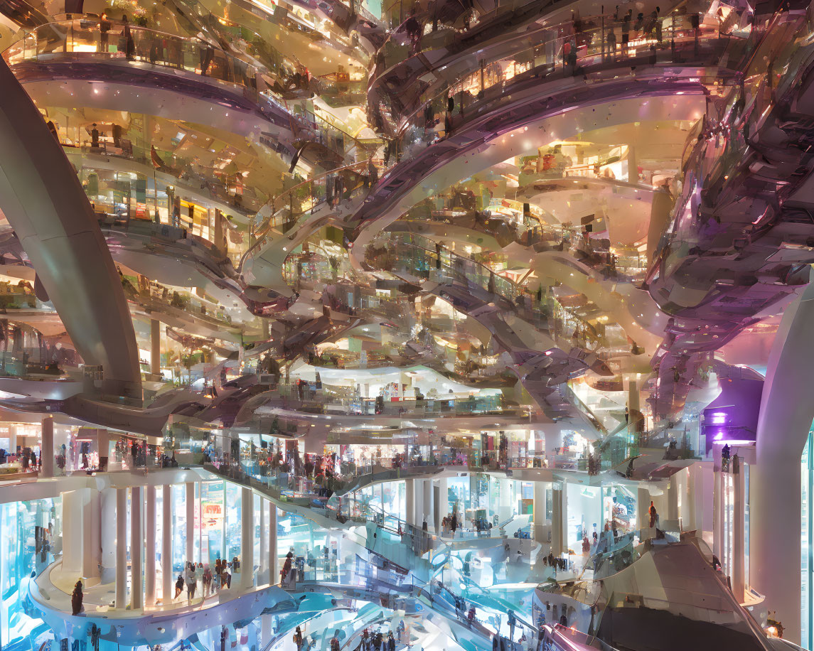 Modern multi-level shopping mall interior with intricate pathways and bustling shoppers