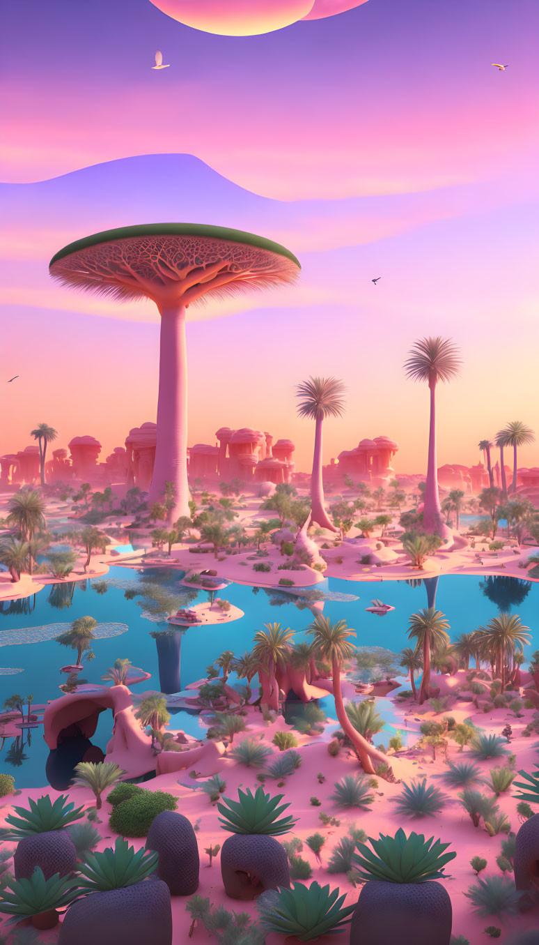 Fantasy landscape: Giant mushroom, palm trees, water, exotic flora, pink sky.