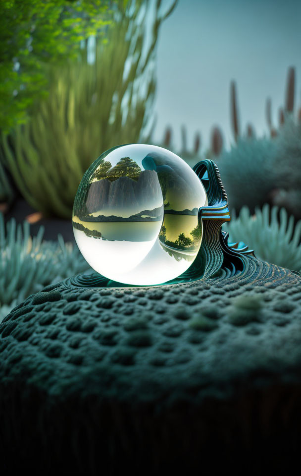 Crystal ball on textured surface reflecting serene landscape with trees and surreal cacti backdrop.