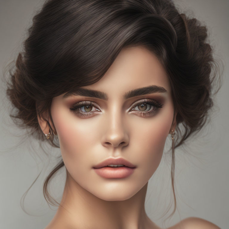 Sophisticated woman with elegant updo, striking brown eyes, full lashes, and flawless natural-ton