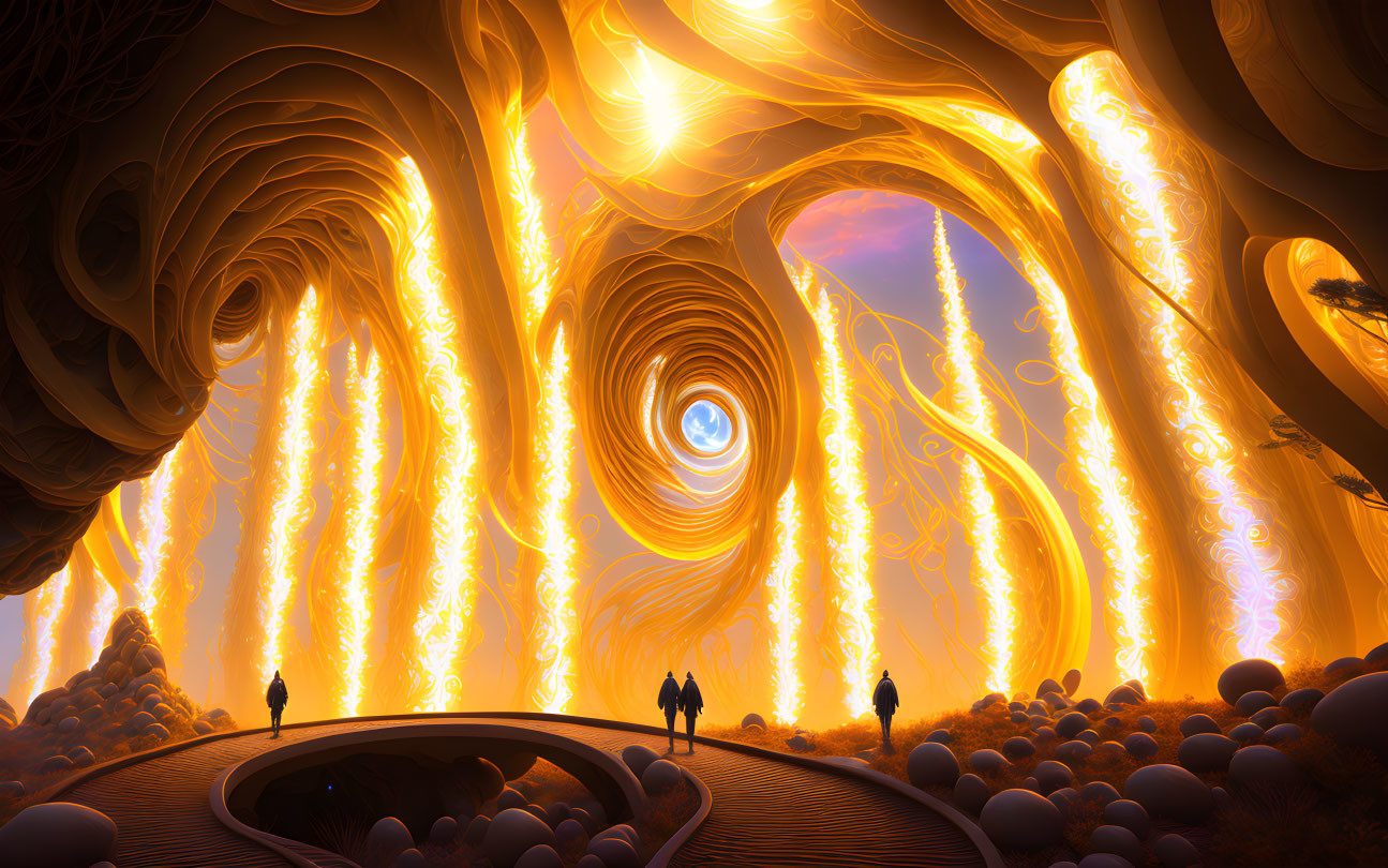 Surreal landscape with fiery vortexes and golden patterns