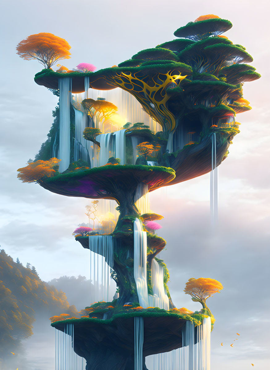 Fantastical landscape with cascading waterfalls and floating islands in soft illuminated sky