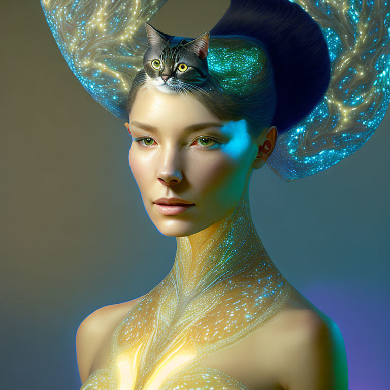 Digital artwork: Woman in futuristic glowing attire with cat on head