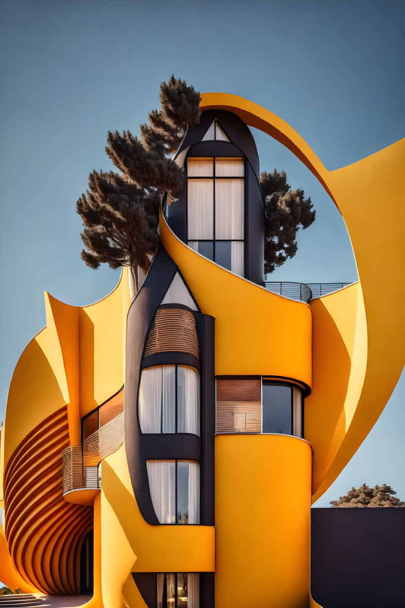 Vibrant yellow and orange modern architectural structure with curved shapes and glass windows.