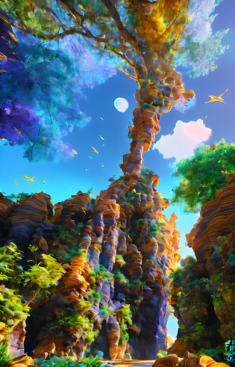 Fantastical landscape with twisted tree on colorful rocks under blue sky