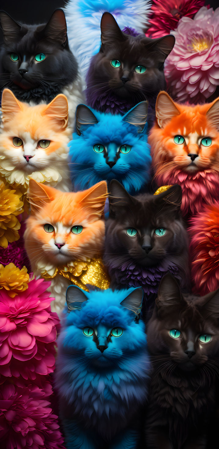 Colorful Cats with Striking Blue Eyes Among Vibrant Flowers