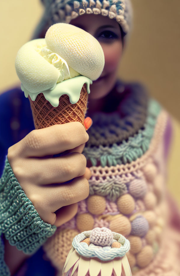 Person in knit cap and sweater holding waffle cone with two scoops of ice cream