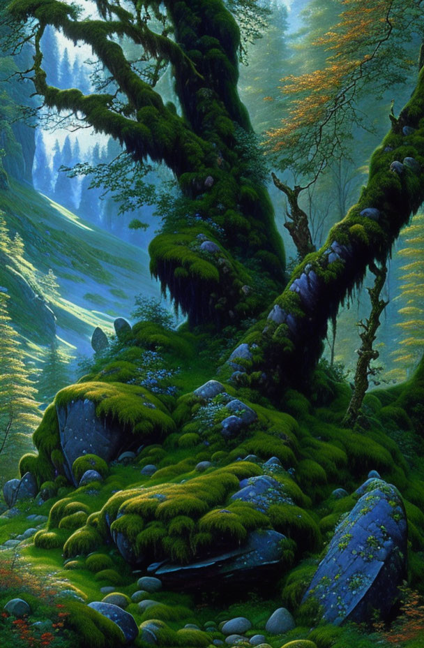 Serene forest scene with moss-covered trees, stones, and waterfall