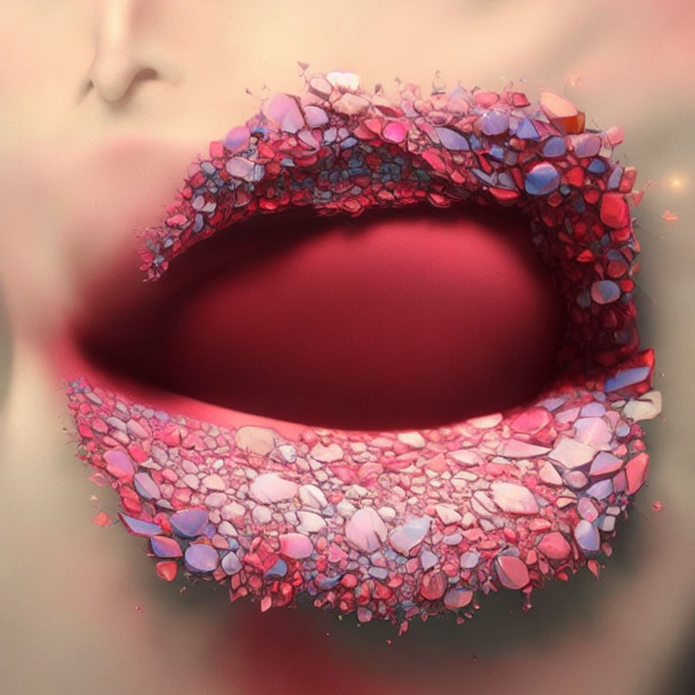 Textured pink and red crystalline makeup design on lips