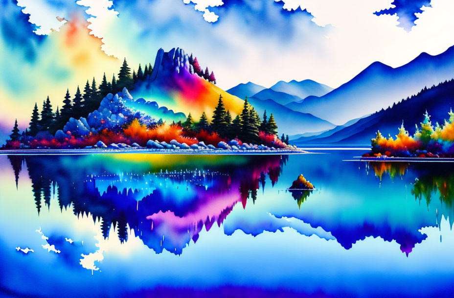 Serene Lake Watercolor Painting with Colorful Foliage