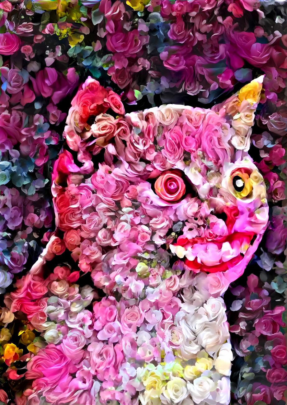 cat with human smile, retextured with flowers