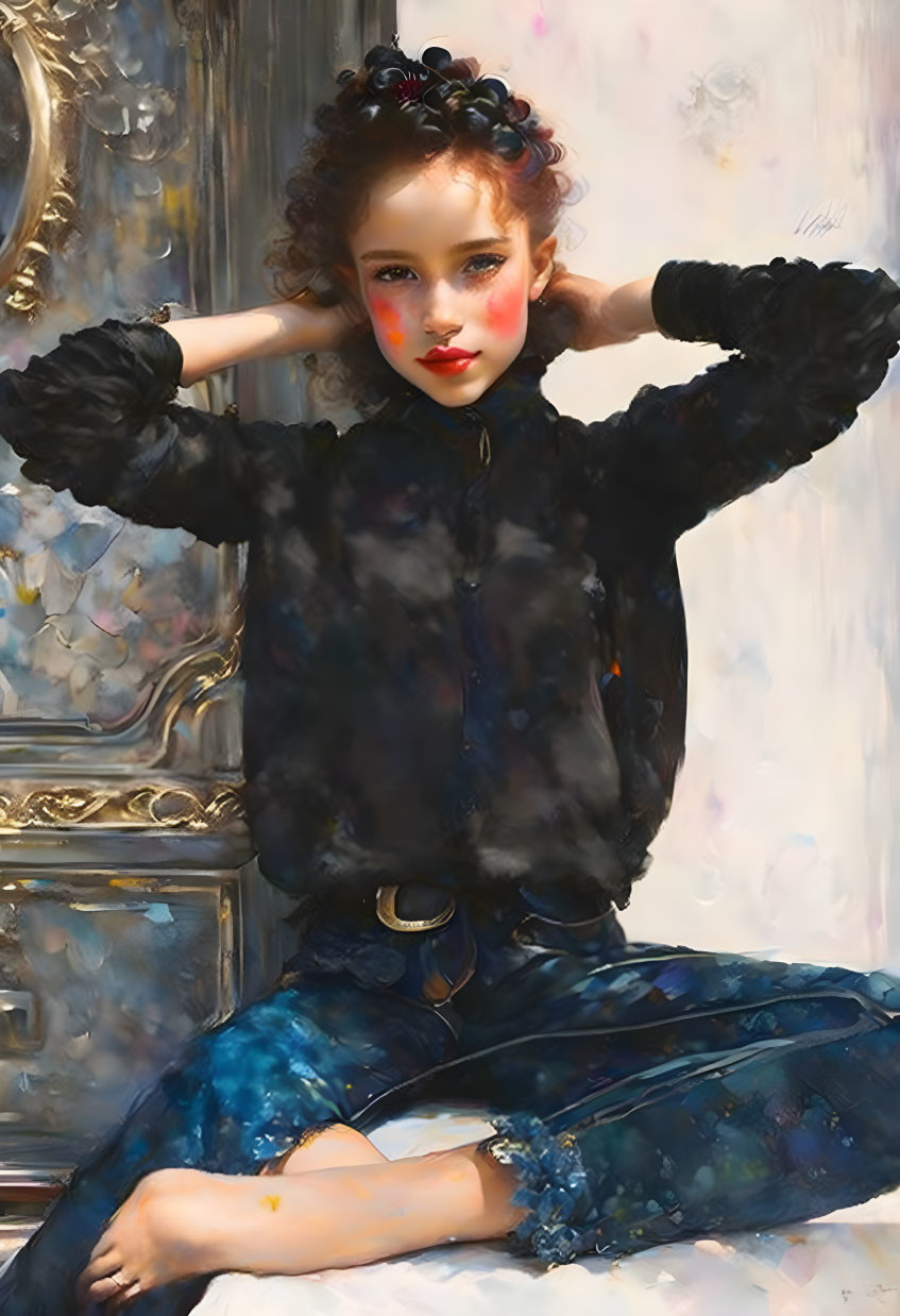 Young woman with curly hair in black top and blue pants, sitting pensively