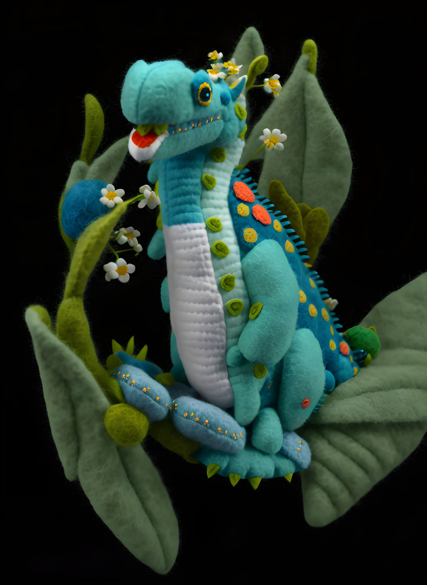 Blue plush dinosaur toy with floral patterns and yellow dots on black background