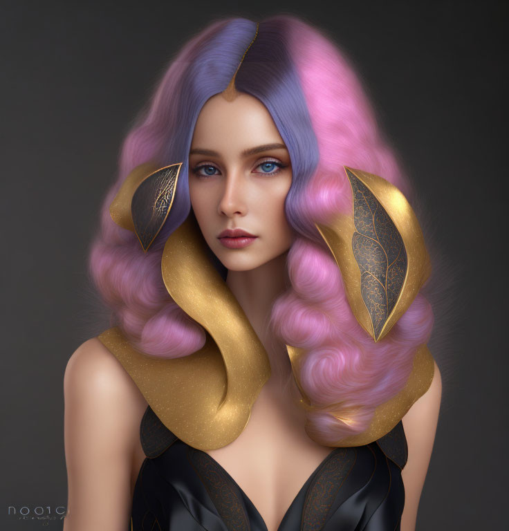 Digital art portrait: Woman with pastel purple and pink hair, blue eyes, golden fantasy shoulder armor