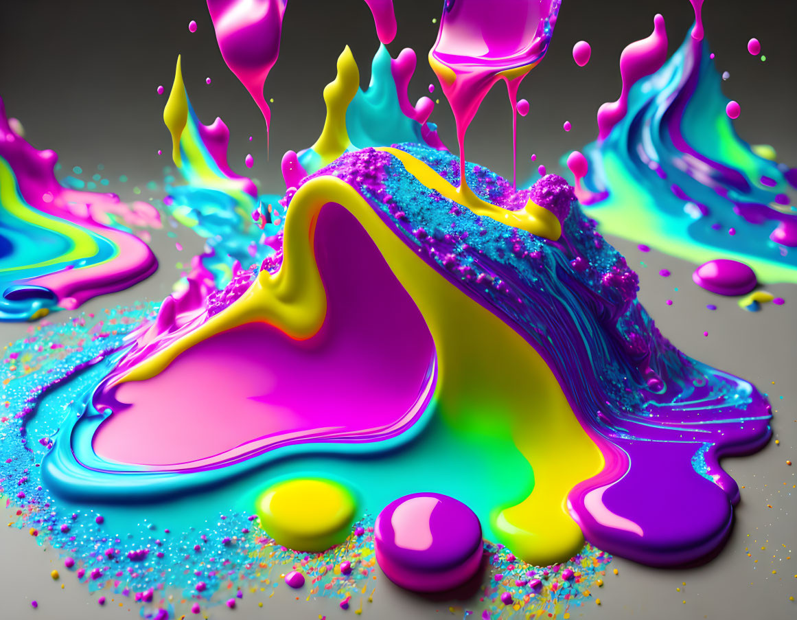 Colorful Abstract Painting with Pink, Blue, and Yellow Splashes