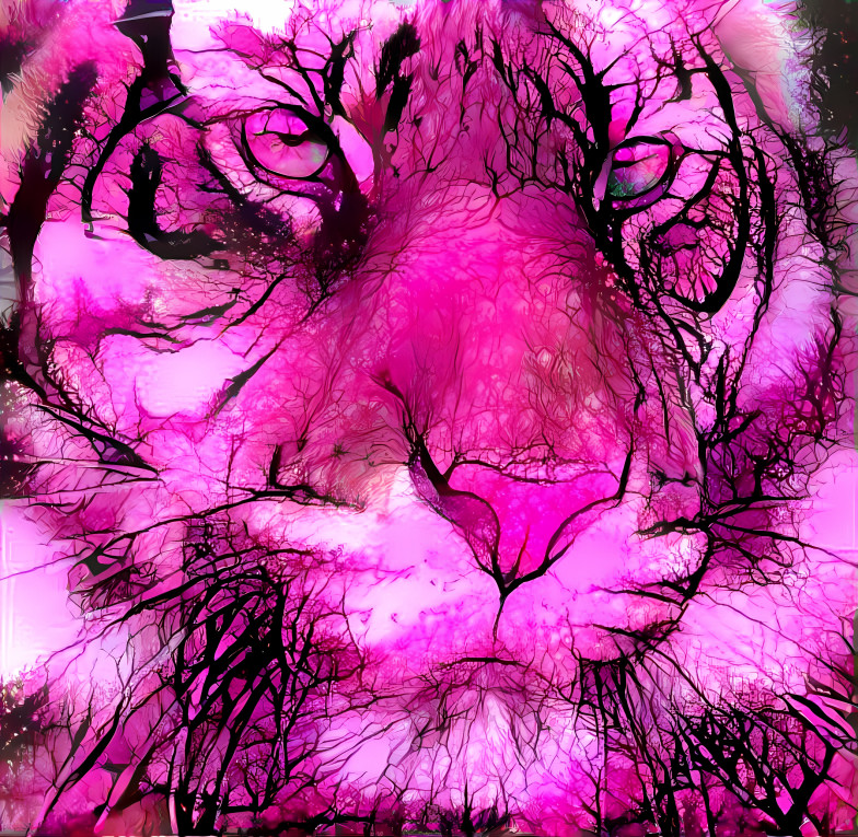 pink tiger made from the silhouette of trees